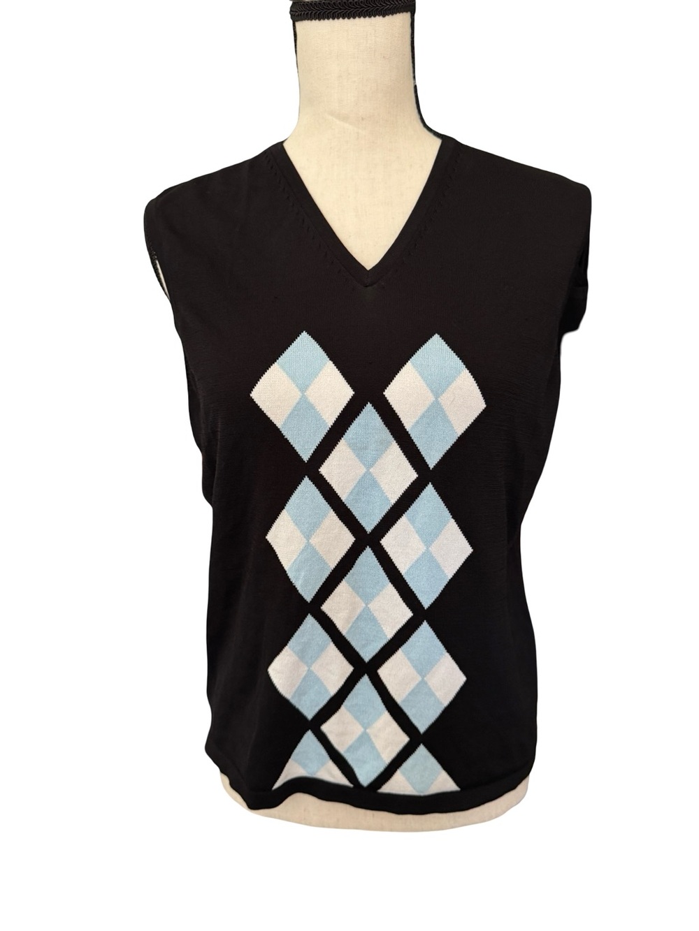 EP Pro Black Argyle Sweater Vest Golf Sleeveless V Neck Women's Large Blue